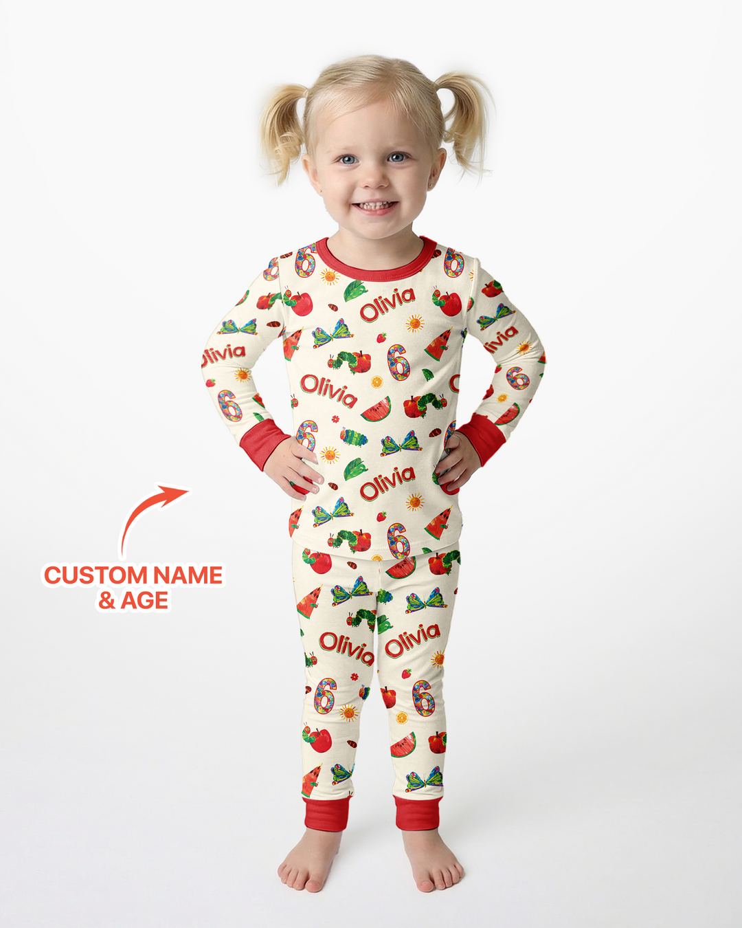 Custom Name and Age Birthday Of Very Hungry Caterpillar Bamboo Two Piece Long Sleeve Pajama Set