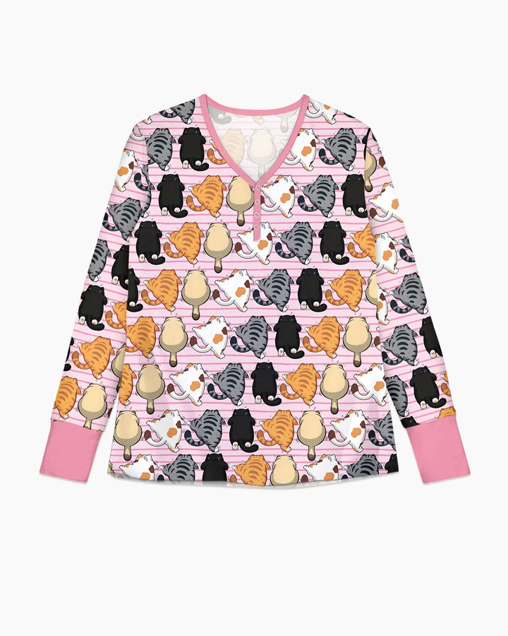 Lustige Katzenhintern-Club-Familien-Pyjama-Set aus Bambus für Damen