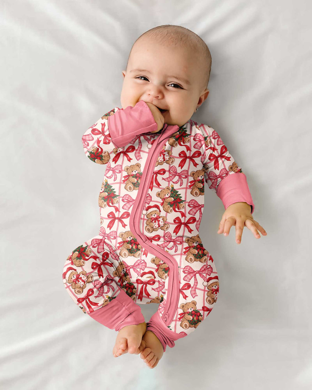 Pink Christmas Teddy Bear Plaid Mommy & Me Matching Bamboo Convertible Zippy