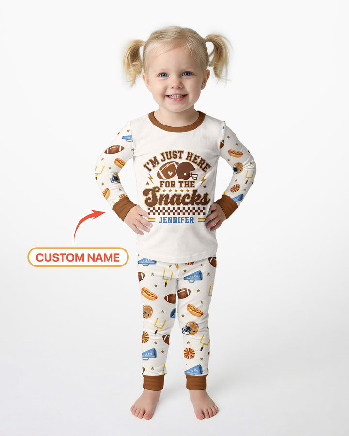 Custom Name Football I'm Just Here For The Snacks Bamboo Two Piece Long Sleeve Pajama Set