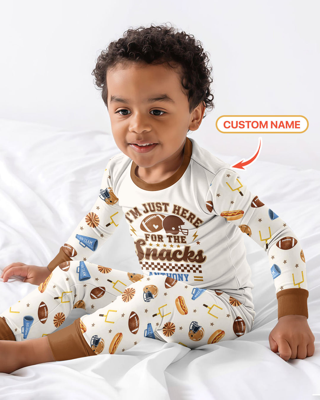 Custom Name Football I'm Just Here For The Snacks Bamboo Two Piece Long Sleeve Pajama Set