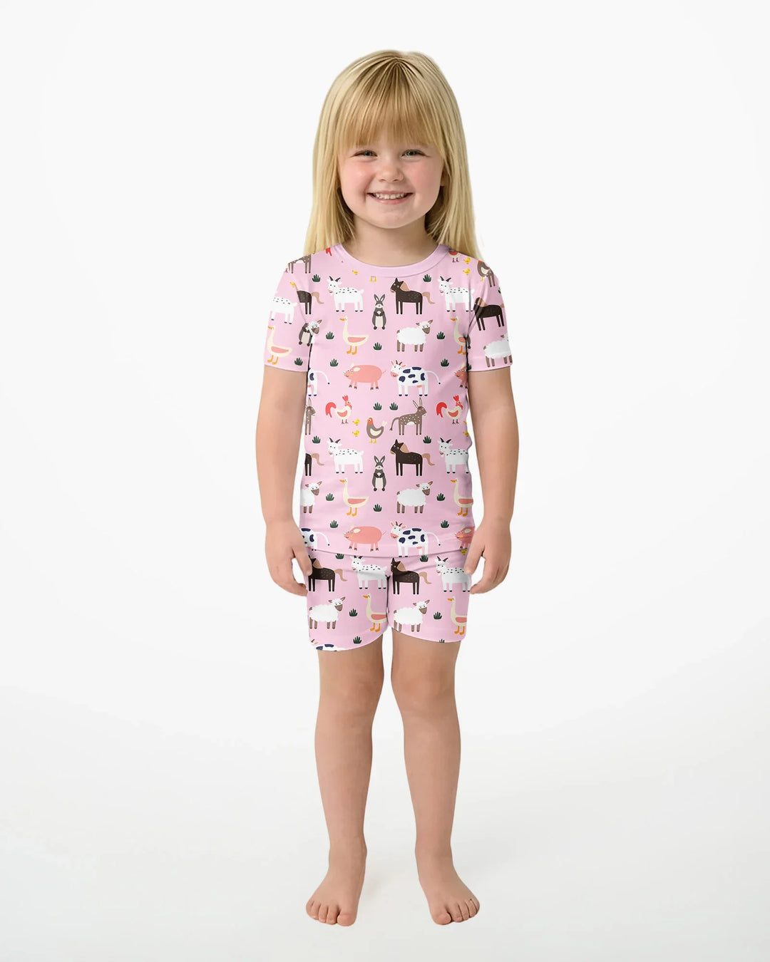 Pink Farm Animals Bamboo Two Piece Short Sleeve Shorts Pajama Set