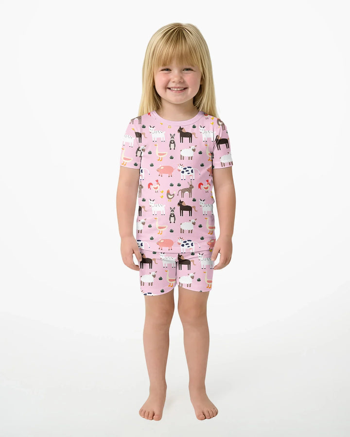 Pink Farm Animals Bamboo Two Piece Short Sleeve Shorts Pajama Set