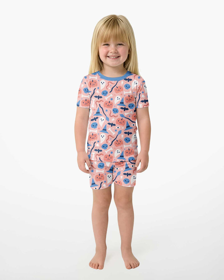 Pastel Pumpkins Skulls And Witch Craft Bamboo Two Piece Short Sleeve Shorts Pajama Set