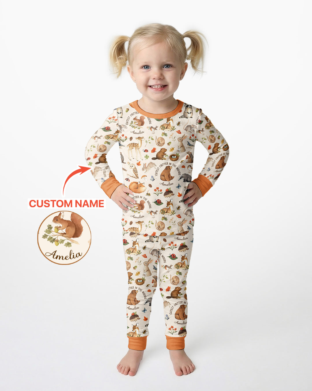Cutest Critter In The Woods Custom Name Bamboo Two Piece Long Sleeve Pajama Set