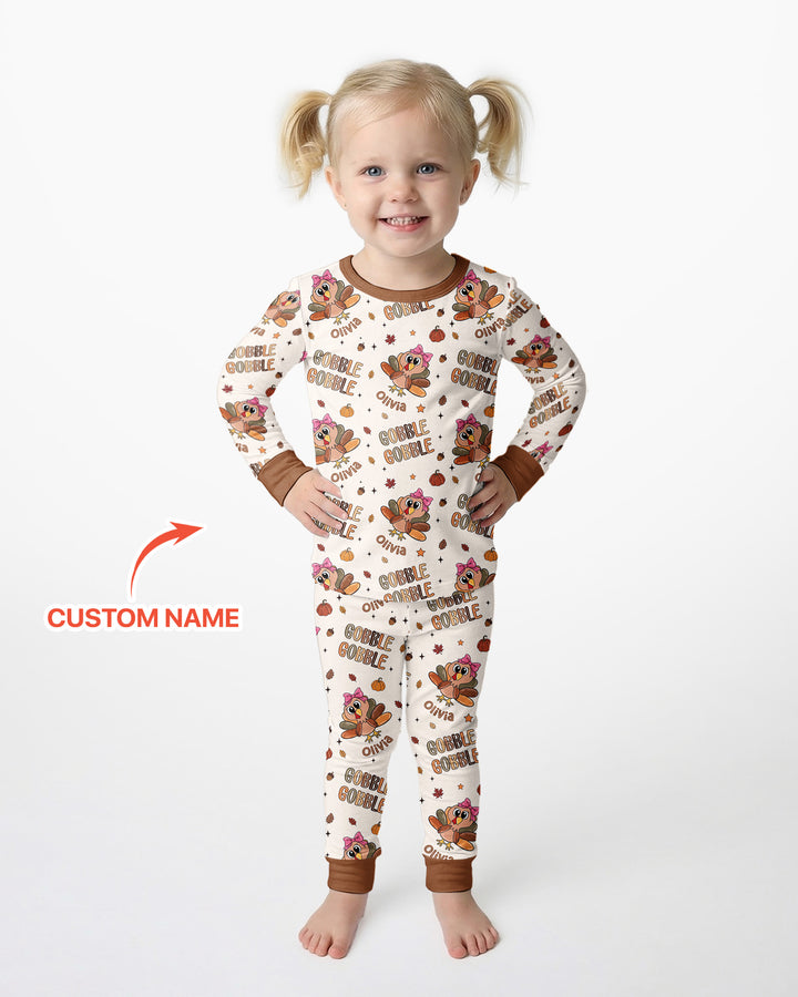 Custom Name Gobble Gobble Bamboo Two Piece Long Sleeve Pajama Set