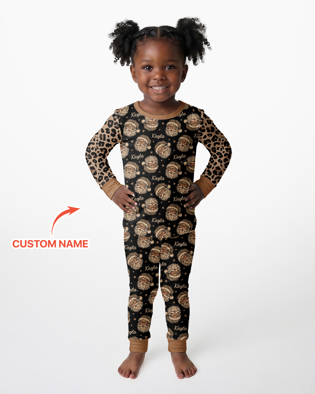 Custom Name Vintage Leopard Santa Bamboo Two Piece Long Sleeve Pajama Set
