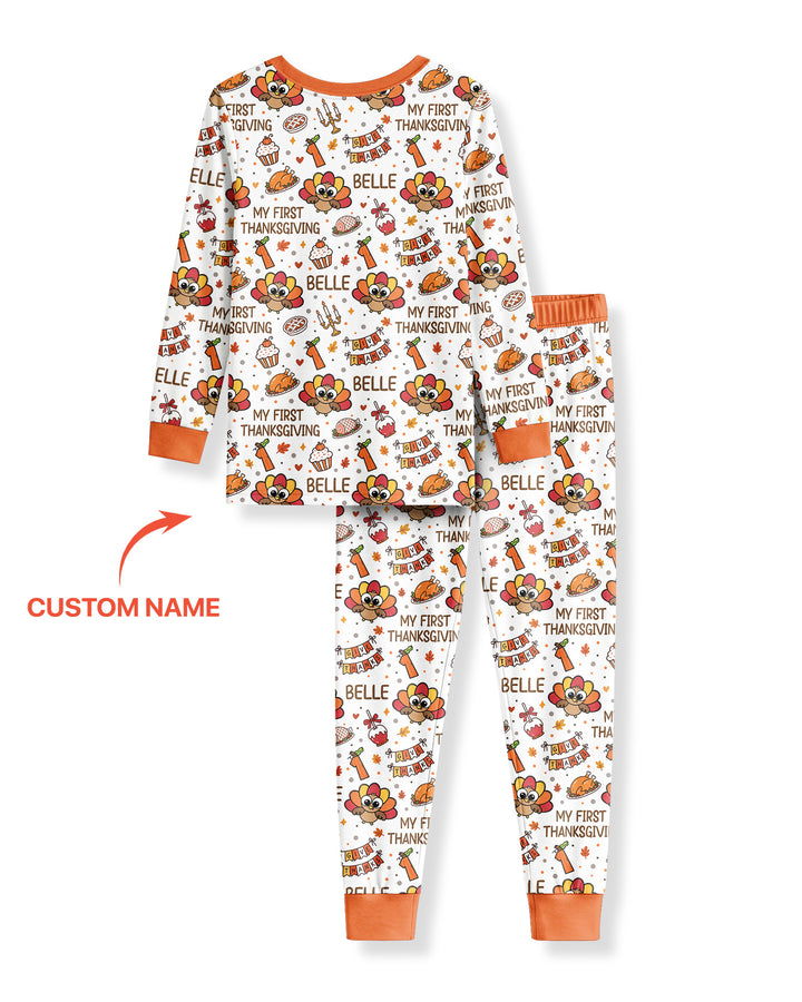 Custom Name Doodle Turkey My First Thanksgiving Bamboo Two Piece Long Sleeve Pajama Set