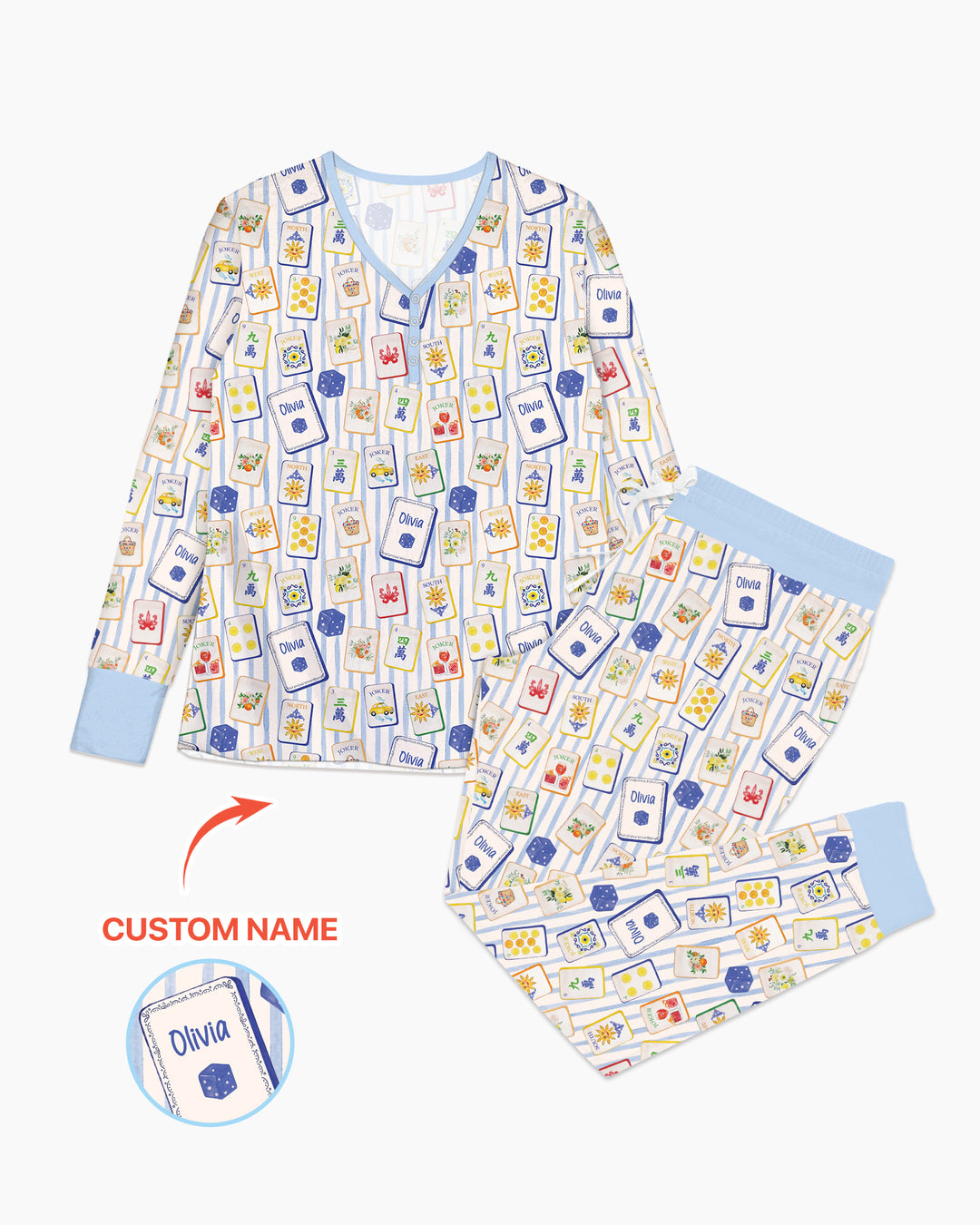 Coastal Mahjong Custom Name Mommy & Me Matching Bamboo Women Pajama Set