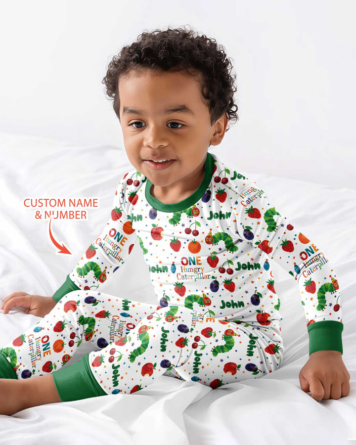 Custom Name And Age Hungry Caterpillar Bamboo Two Piece Long Sleeve Pajama Set