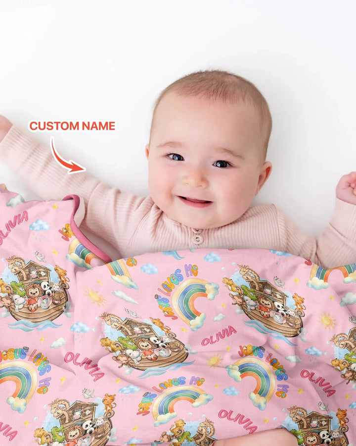 Custom Name Jesus Loves Me Noah's Ark Bamboo Blanket