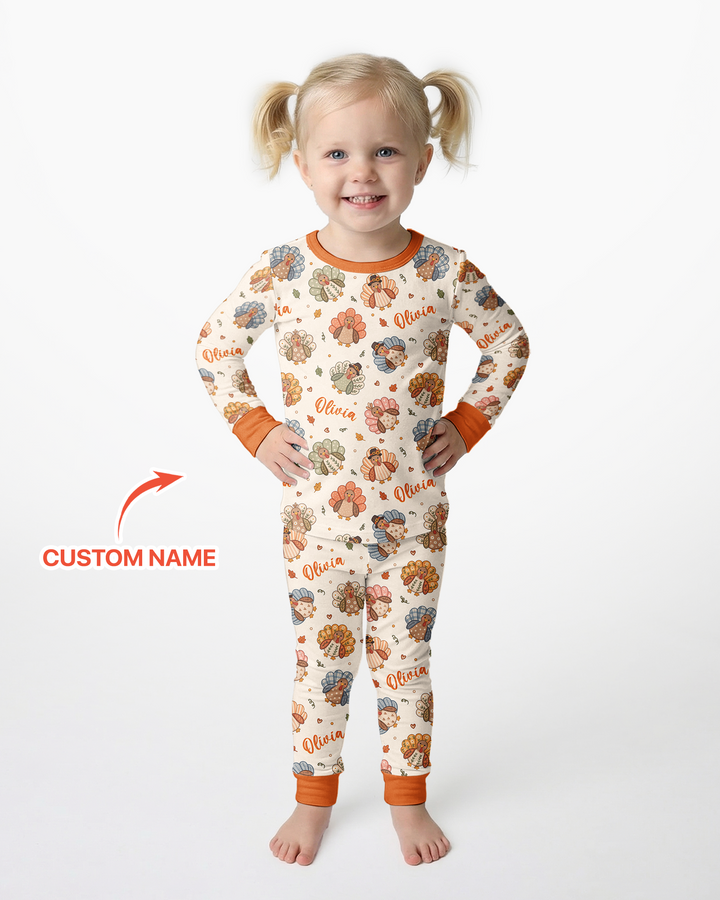 Custom Name Boho Turkey Bamboo Two Piece Long Sleeve Pajama Set