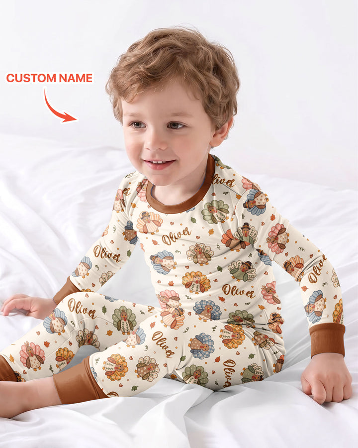 Custom Name Boho Turkey Bamboo Two Piece Long Sleeve Pajama Set
