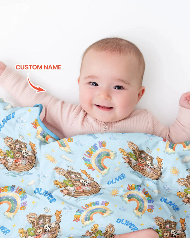 Custom Name Jesus Loves Me Noah's Ark Bamboo Blanket