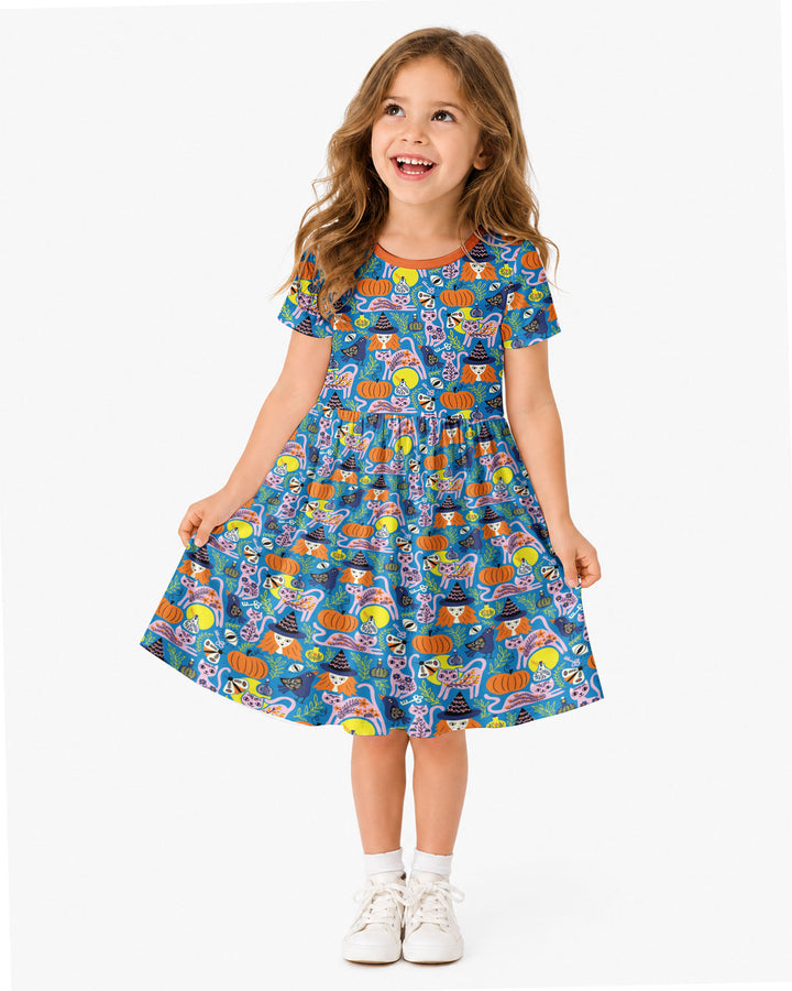 Whimsical Witch Cats Bamboo Twirl Dress