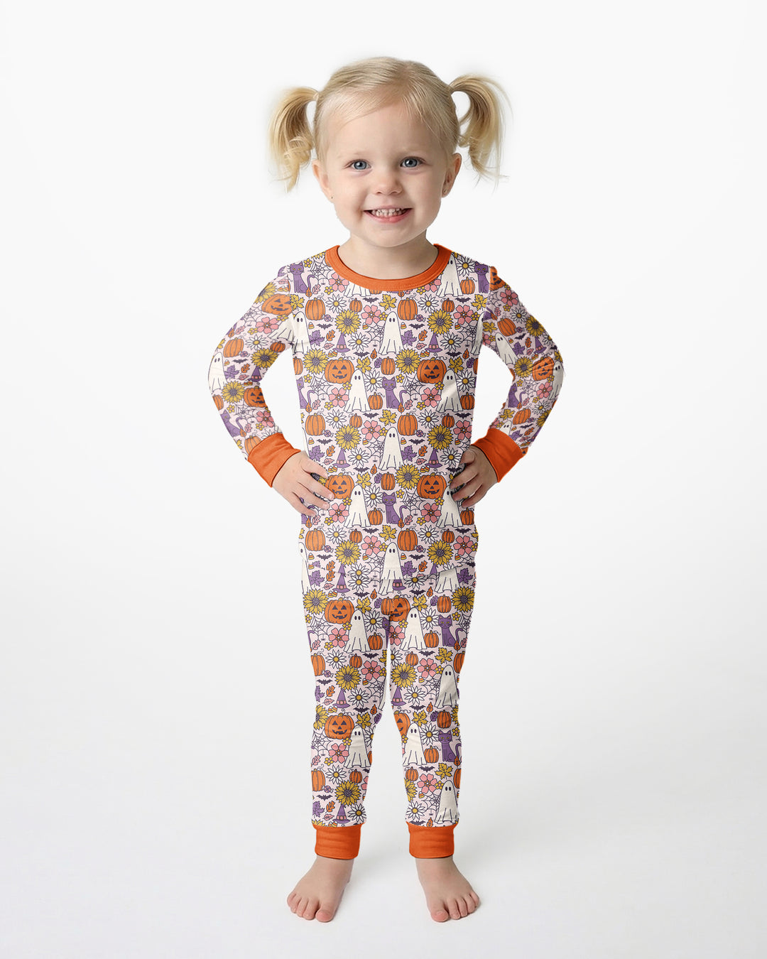 Ghost Pumpkin Fall Floral Halloween Bamboo Two Piece Long Sleeve Pajama Set