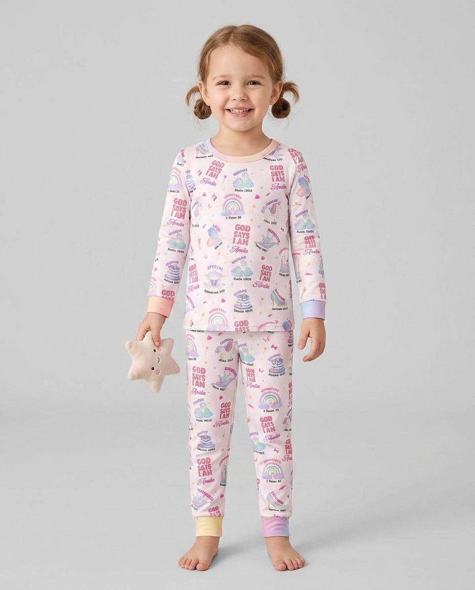 God Says I Am Custom Name - Dreamy Princess Bamboo Two Piece Long Sleeve Pajama Set