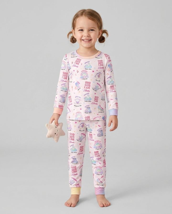 God Says I Am Custom Name - Dreamy Princess Bamboo Two Piece Long Sleeve Pajama Set