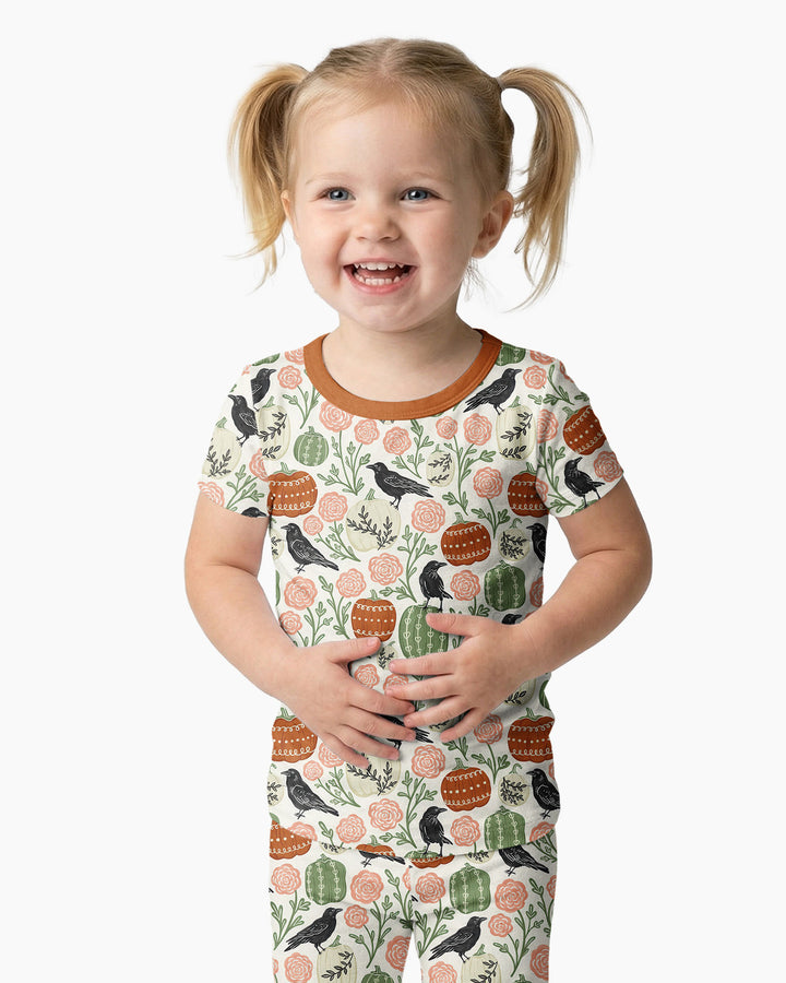 Country Crows with Mums and Pumpkins Bamboo Two Piece Short Sleeve Pajama Set