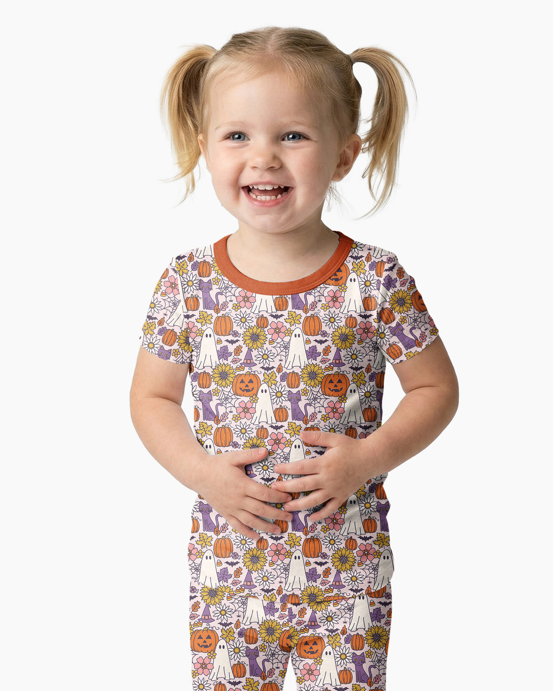 Ghost Pumpkin Fall Floral Halloween Bamboo Two Piece Short Sleeve Pajama Set