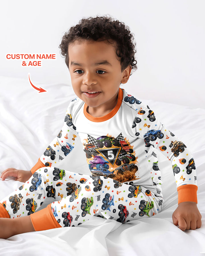 Personalized Monster Trucks Birthday Boy Bamboo Two Piece Long Sleeve Pajama Set