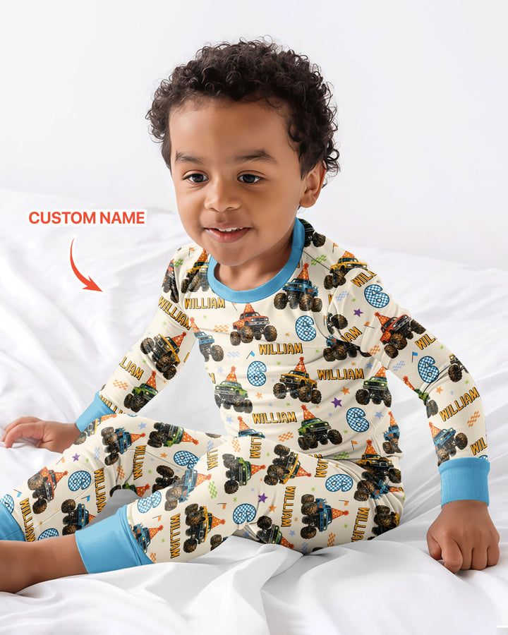 Custom Name Birthday Boy Monster Truck Bamboo Two Piece Long Sleeve Pajama Set
