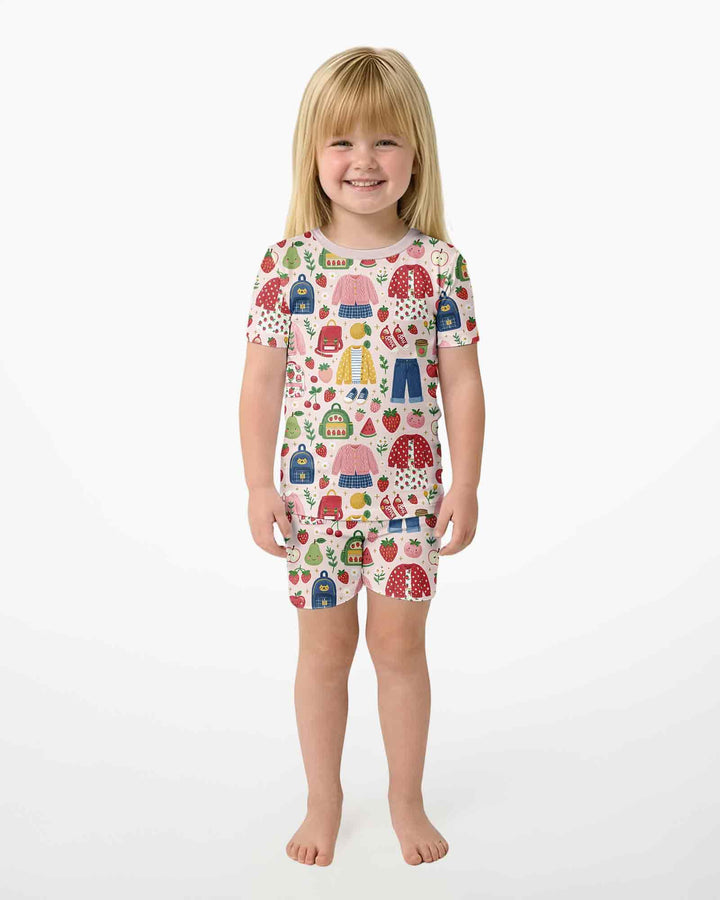 Strawberry School Style Bamboo Two Piece Short Sleeve Shorts Pajama Set