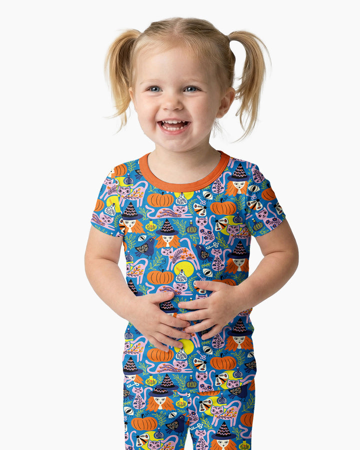 Whimsical Witch Cats Bamboo Two Piece Short Sleeve Pajama Set