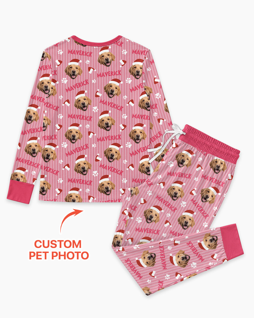 Custom Pet Photo Christmas Paws Stripe Bamboo Women Pajama Set