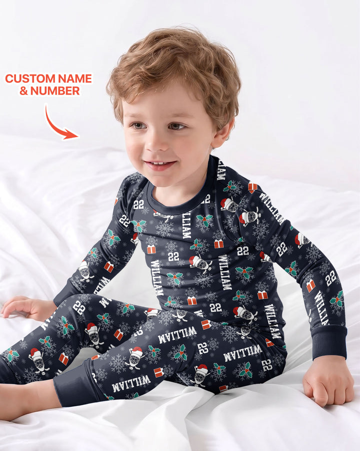 Custom Name Hockey Holiday Bamboo Two Piece Long Sleeve Pajama Set