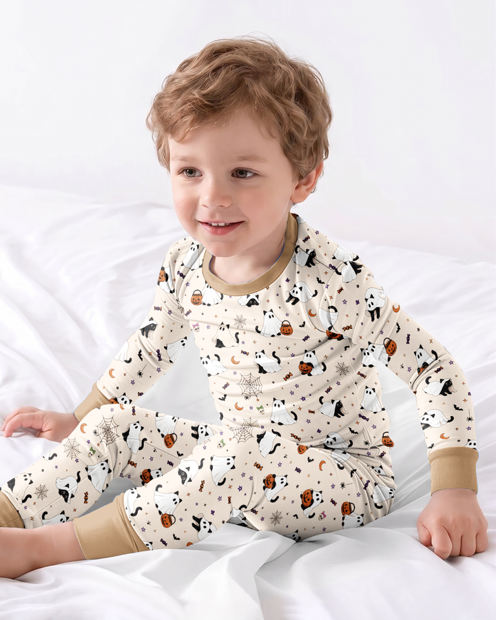 Ghost Cat Vintage Halloween Bamboo Two Piece Long Sleeve Pajama Set