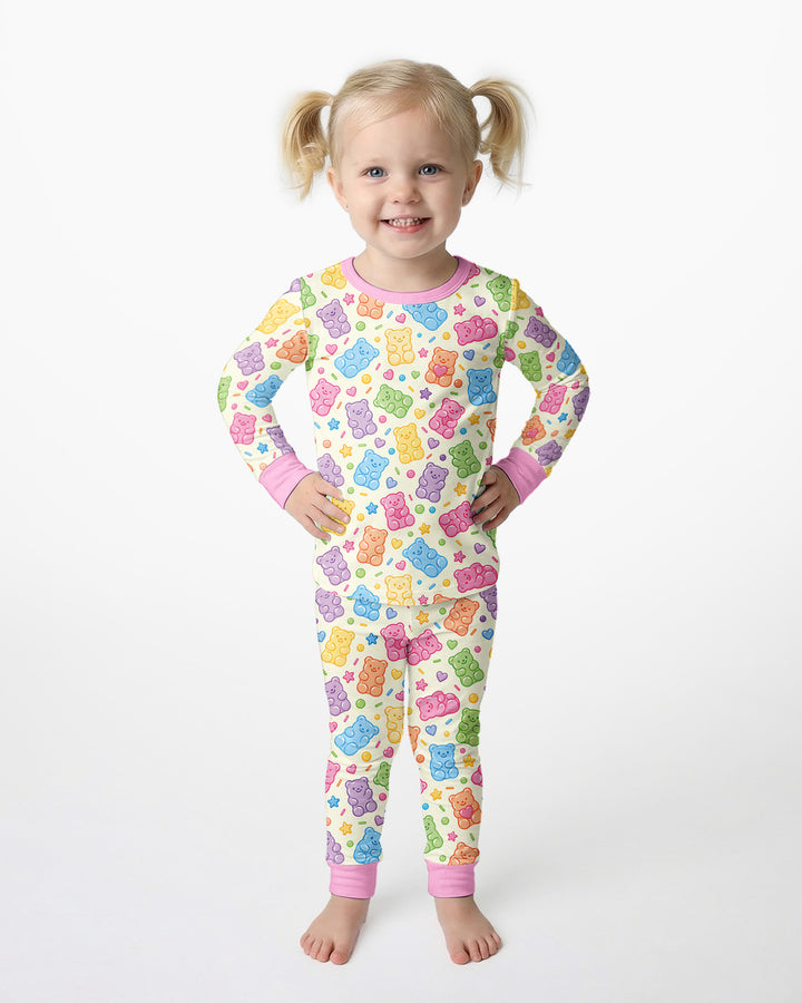 Cute Pastel Colorful Gummy Bears Bamboo Two Piece Long Sleeve Pajama Set
