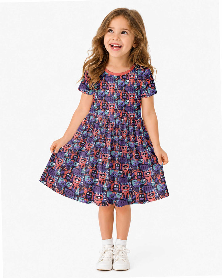 Halloween Multi Eyed Monsters Bamboo Twirl Dress