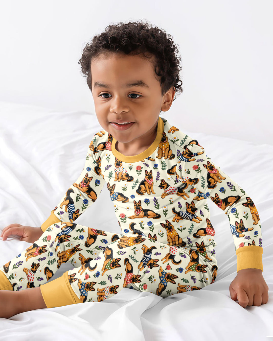 Floral German Shepherds Bamboo Two Piece Long Sleeve Pajama Set