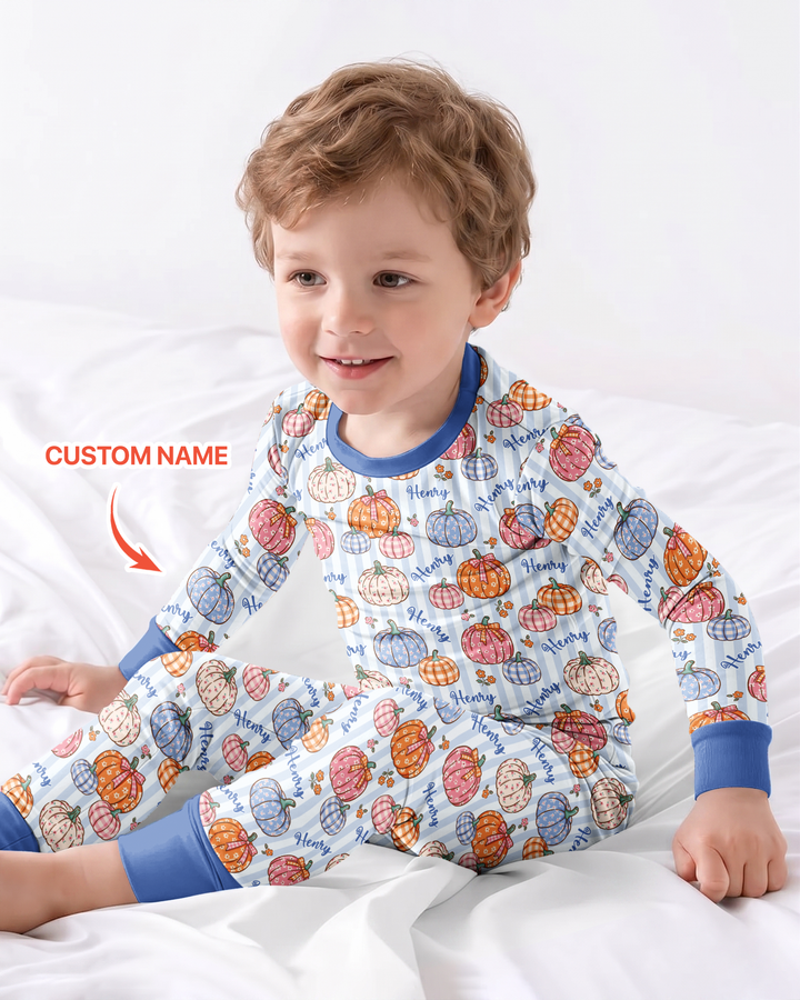 Custom Name Pumpkin Patch Bamboo Two Piece Long Sleeve Pajama Set