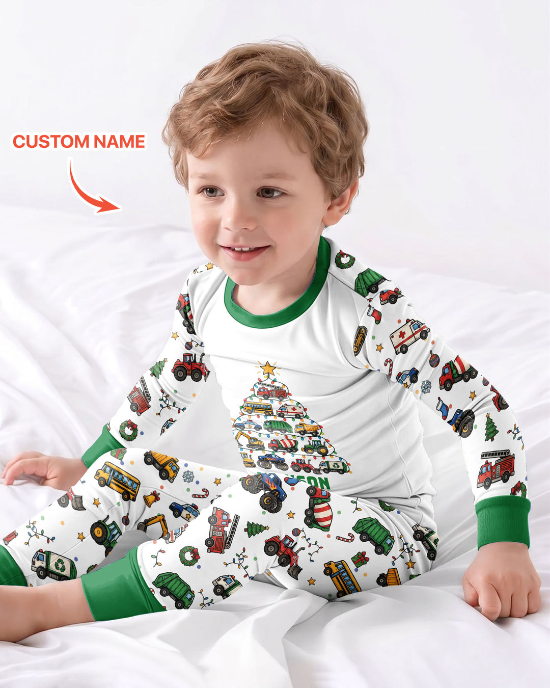 Custom Name Little Trucks Christmas Tree Bamboo Two Piece Long Sleeve Pajama Set