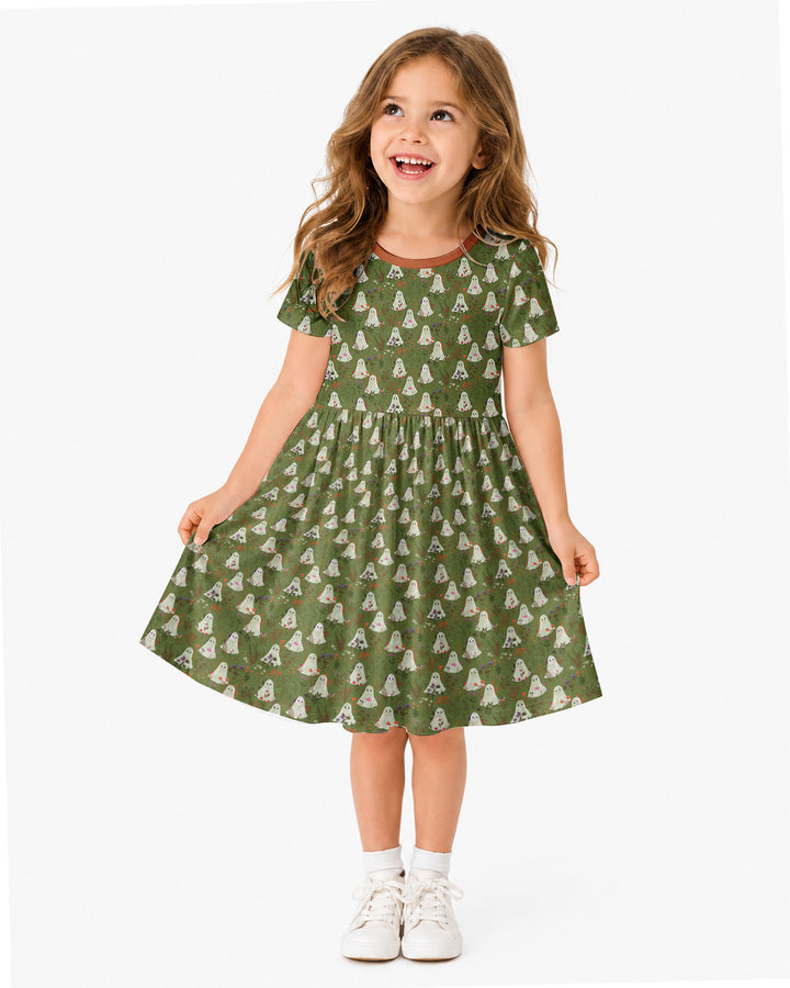 Cute Ghost Halloween Moss Green Floral Bamboo Twirl Dress