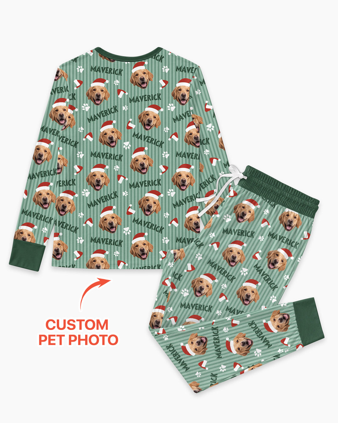 Custom Pet Photo Christmas Paws Stripe Bamboo Women Pajama Set
