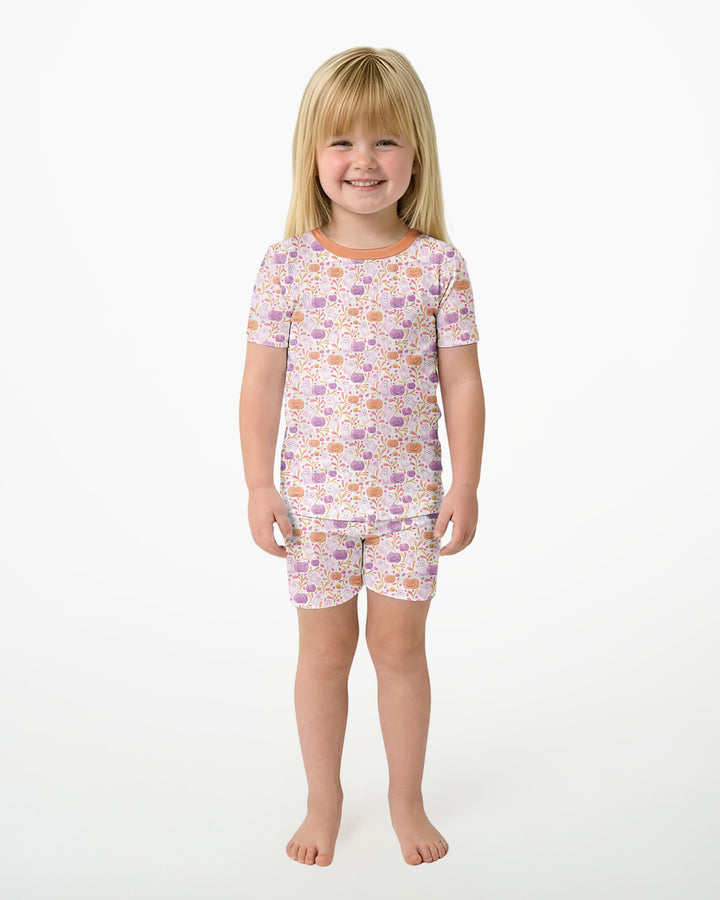 Pastel Pumpkins and Ghosts Bamboo Two Piece Short Sleeve Shorts Pajama Set