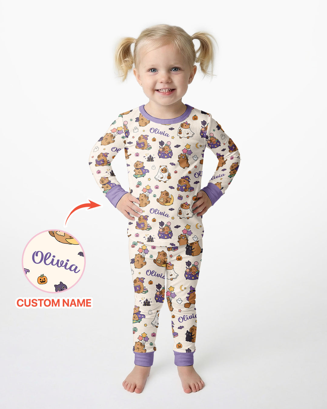Custom Name Kawaii Halloween Capybara Bamboo Two Piece Long Sleeve Pajama Set