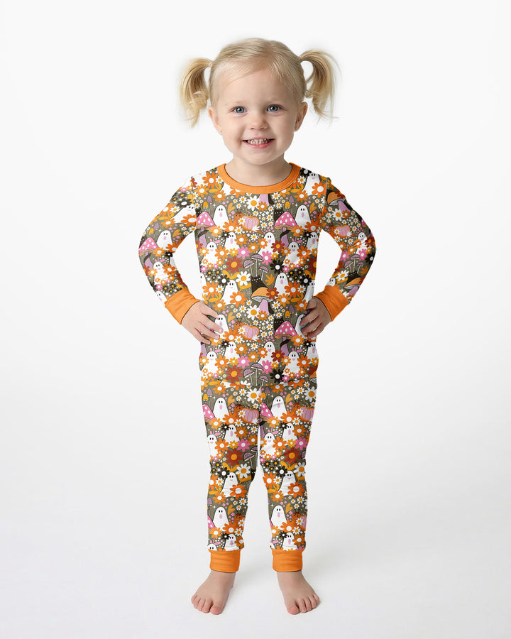 Retro Ghost Mushroom Floral Halloween Bamboo Two Piece Long Sleeve Pajama Set