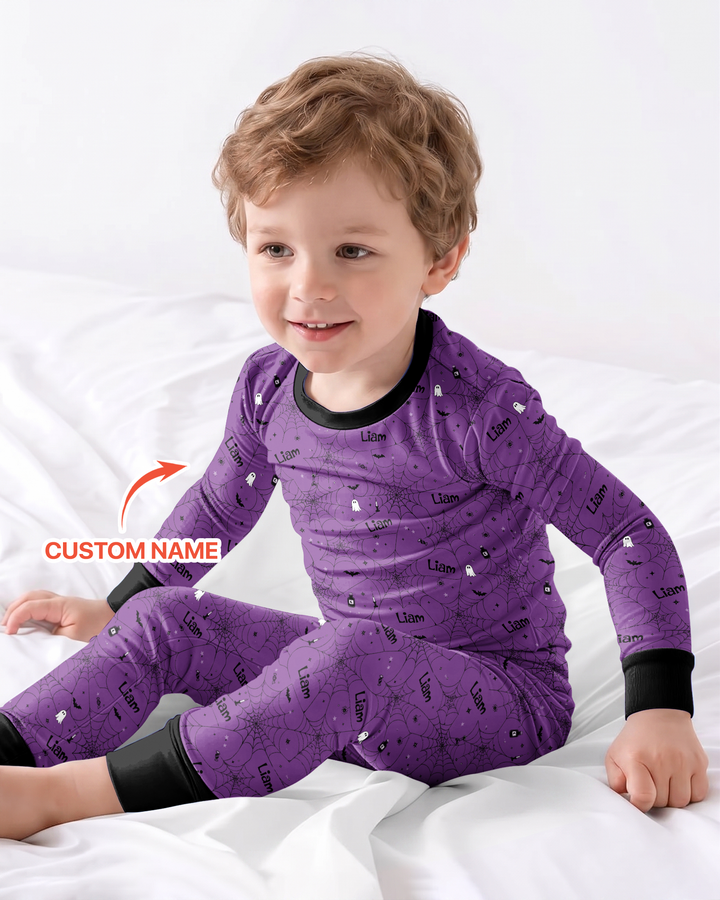 Spooky Spider Web Halloween Custom Name Bamboo Two Piece Long Sleeve Pajama Set