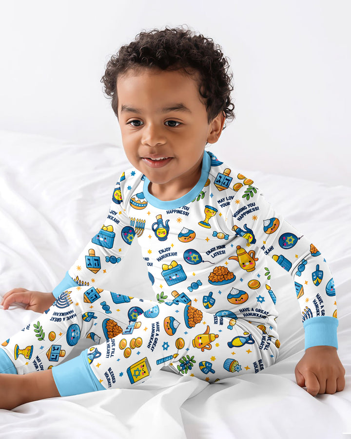 Kawaii Menorah Holiday Bamboo Two Piece Long Sleeve Pajama Set