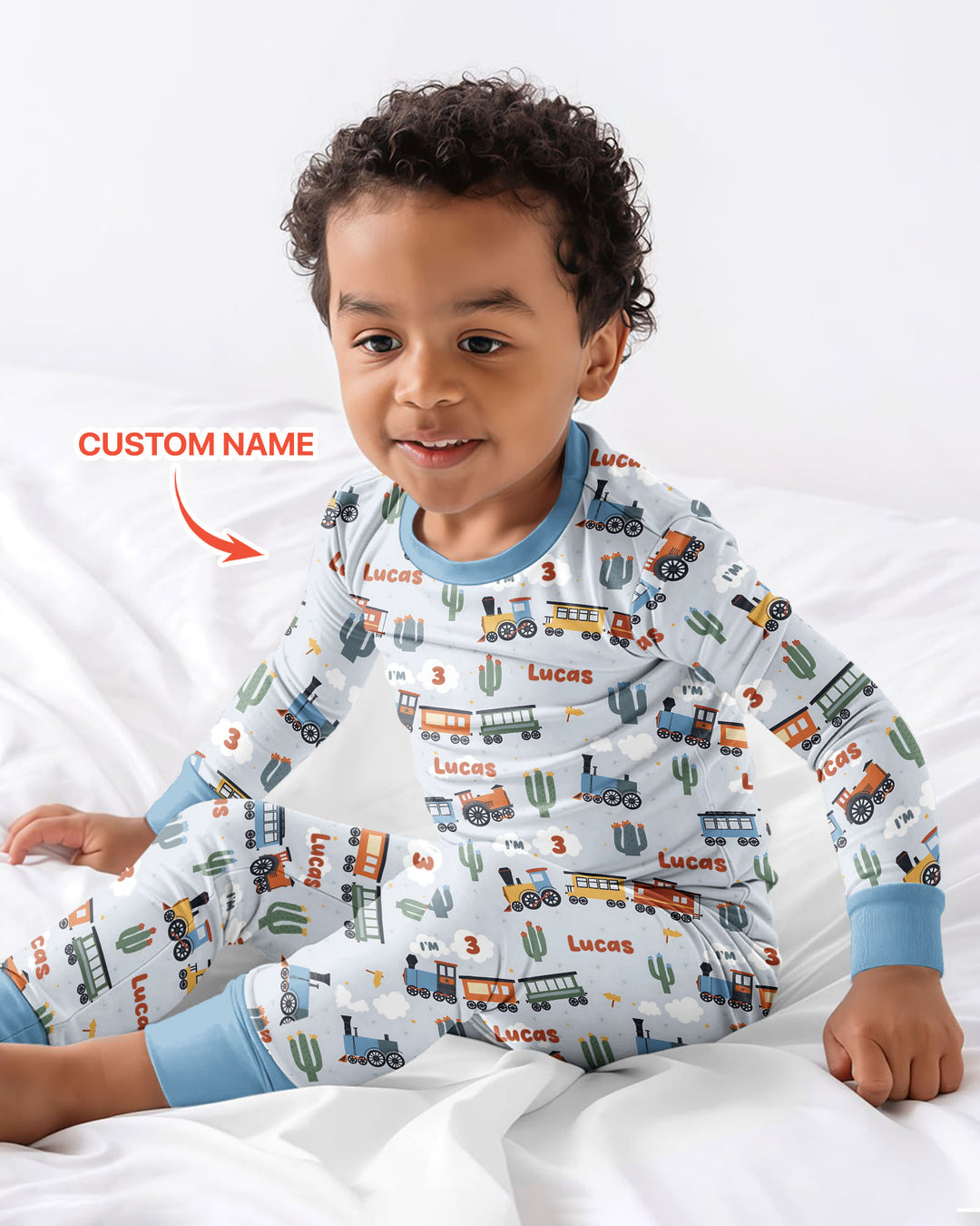 Personalized Train Birthday Bamboo Two Piece Long Sleeve Pajama Set