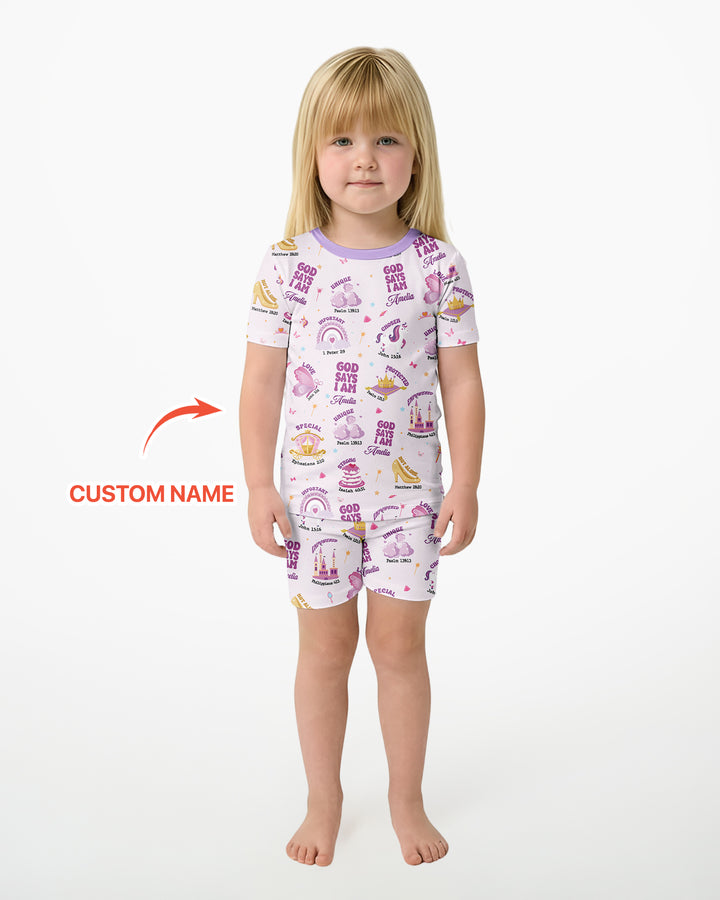 God Says I Am Custom Name - Dreamy Princess Bamboo Two Piece Short Sleeve Pajama Set
