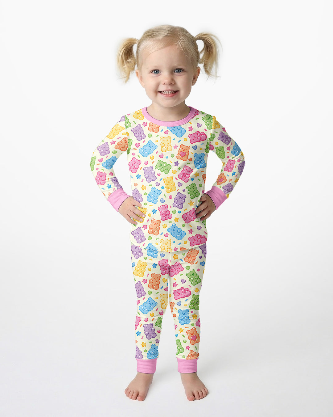 Cute Pastel Colorful Gummy Bears Bamboo Two Piece Long Sleeve Pajama Set