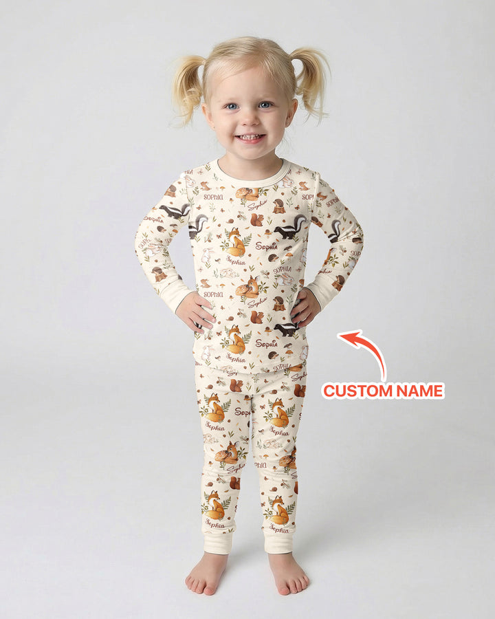 Custom Name Woodland Friends Bamboo Two Piece Long Sleeve Pajama Set