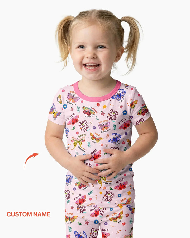 Custom Name God says I am Butterfly Bamboo Two Piece Short Sleeve Pajama Set