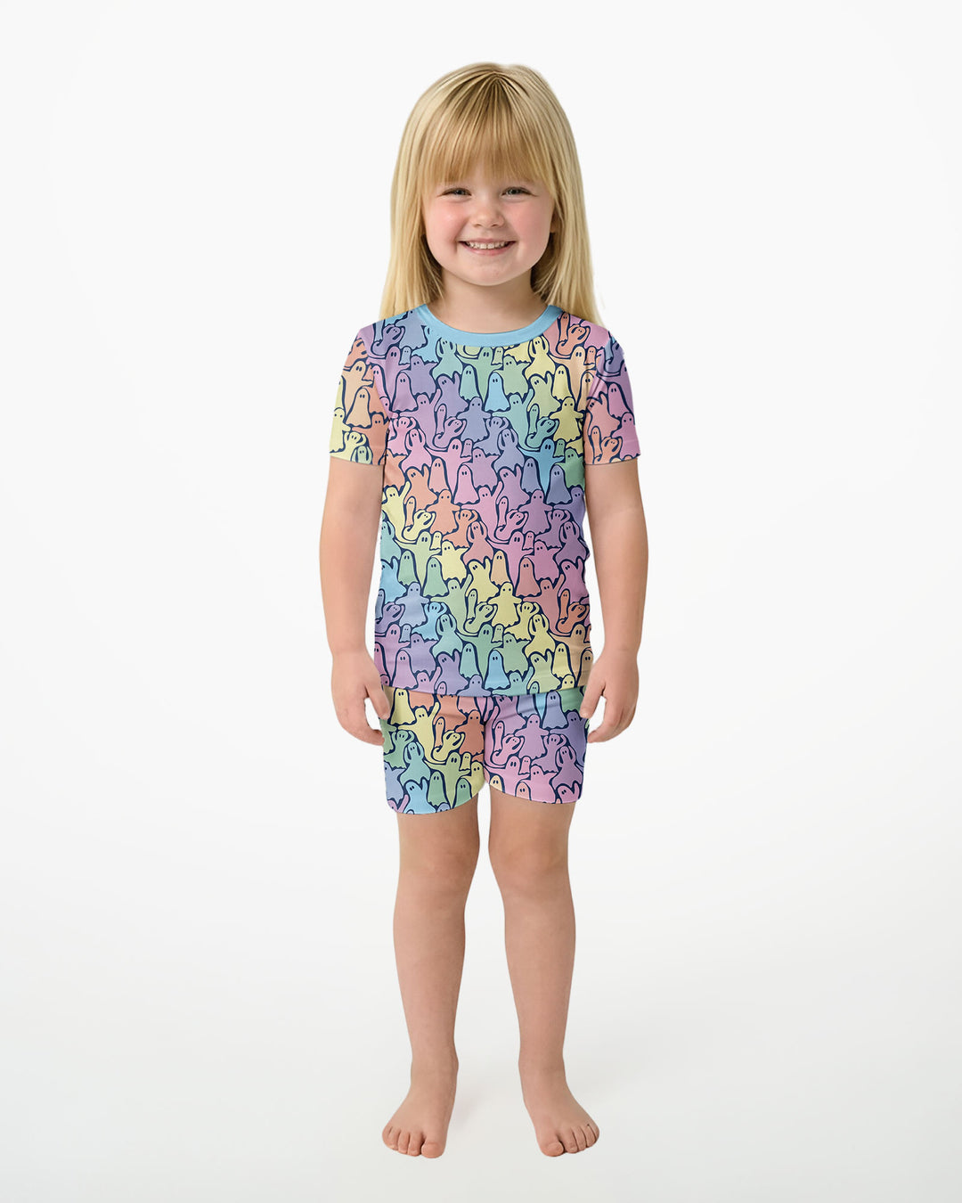 Pastel Rainbow Ghost Halloween Bamboo Two Piece Short Sleeve Shorts Pajama Set