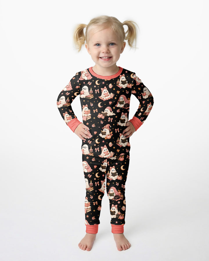 Coquette Bookish Ghost Halloween Bamboo Two Piece Long Sleeve Pajama Set
